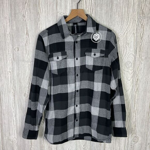 Burnside Men's Size Small Black Grey Heavy Flannel Button Down Shirt - Picture 3 of 9